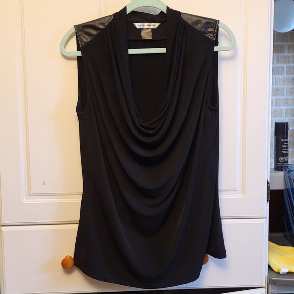 💖2 for $30!💖  Bianca Nygard Black PU Leather Detail Sleeveless Cowl Tank Top - Picture 2 of 8